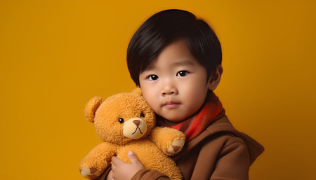 Portrait of little asian girl with teddy bear on yellow backgroundの素材