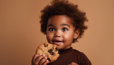 Little african american girl eating chocolate chip cookie, isolated on brown backgroundの素材