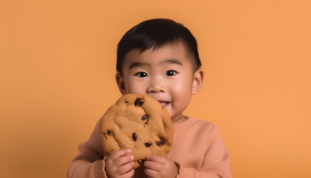 Little asian boy eating chocolate chip cookie isolated on orange background.の素材
