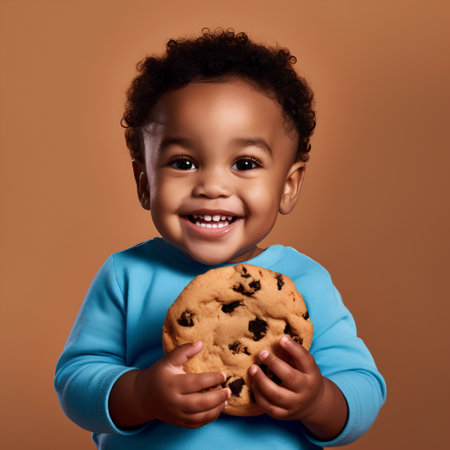 Cheerful african american little boy holding chocolate chip cookie and smiling at cameraの素材