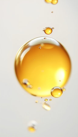 Oil drops on white background. Shallow depth of field. Selective focus.の素材