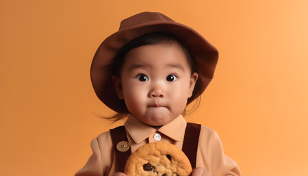 Portrait of cute asian little girl in brown hat with cookie over orange backgroundの素材