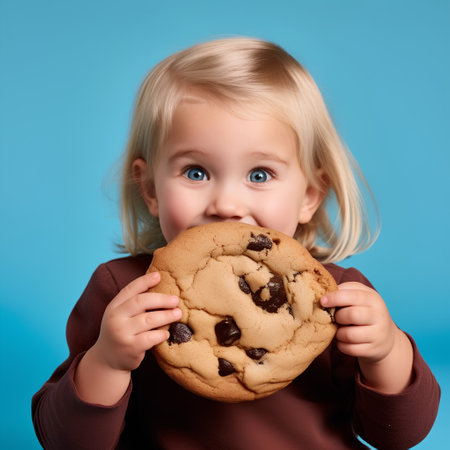 Cute little girl eating chocolate chip cookie on blue background, closeupの素材