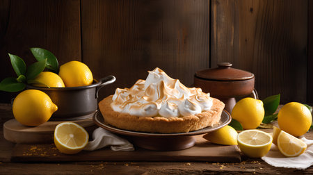 Lemon meringue pie with fresh lemons on wooden backgroundの素材