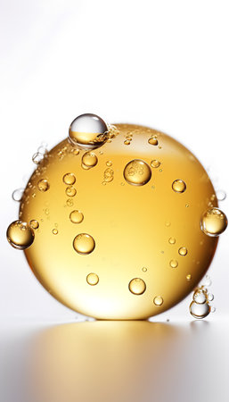 Golden oil with bubbles on a white background. 3d rendering.の素材