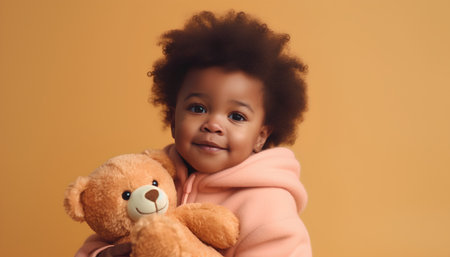 Cute little african american girl with teddy bear on orange backgroundの素材