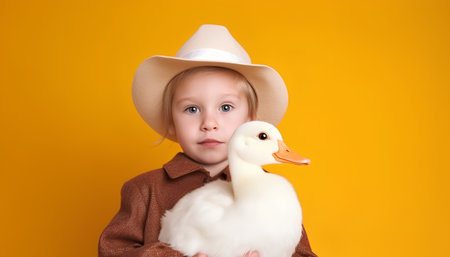Cute little girl in a cowboy hat with a duck on a yellow backgroundの素材