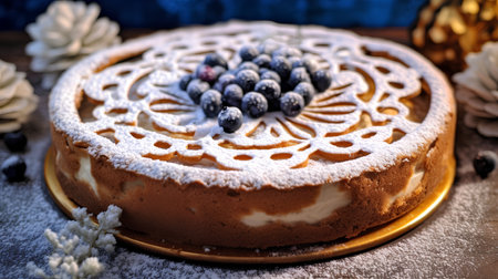 Homemade cake with blueberries and icing sugar on a wooden backgroundの素材