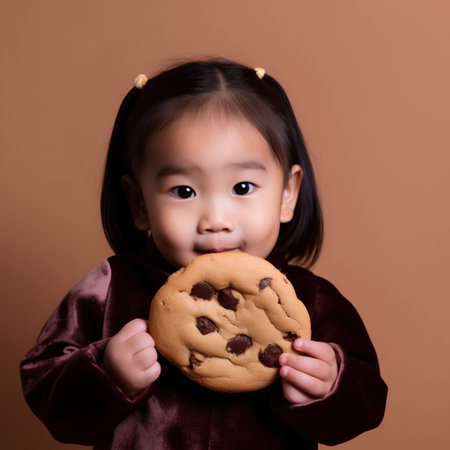 Little asian girl holding chocolate chip cookie in her hand, brown backgroundの素材
