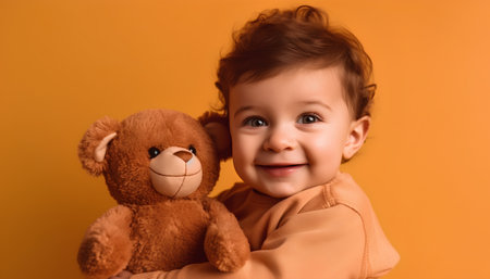 Portrait of a cute little girl with teddy bear on orange backgroundの素材