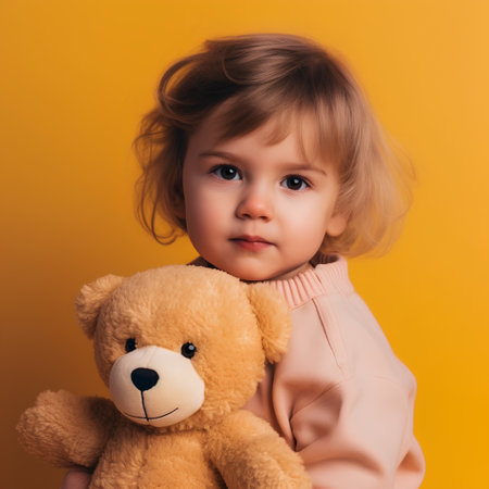 Portrait of a cute little girl with teddy bear on yellow backgroundの素材