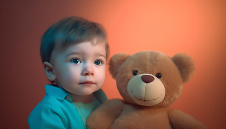 Portrait of a little boy with teddy bear on a orange backgroundの素材