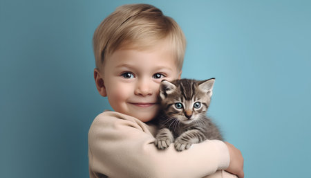 Cute little boy with a kitten on a blue background. Studio shot.の素材