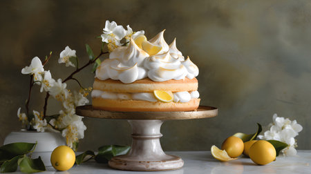 Lemon cake with meringue and lemons on a light backgroundの素材