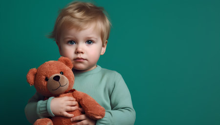 Cute little boy with teddy bear on green background. Studio shot.の素材