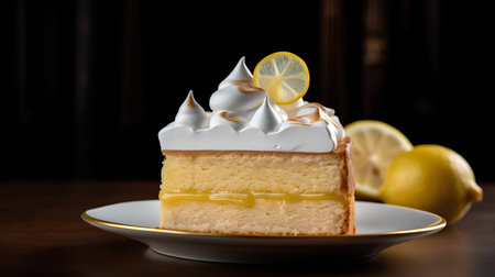 Lemon cake with whipped cream and lemon slices on a dark backgroundの素材