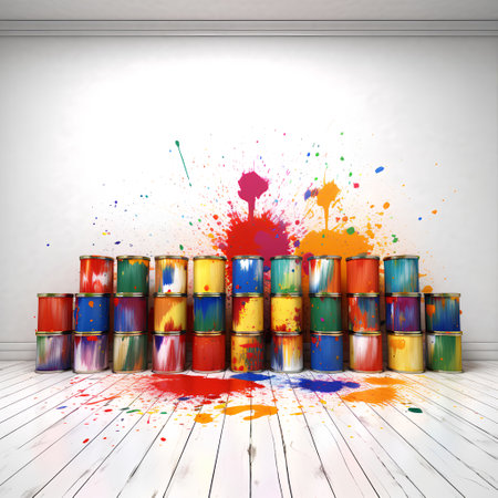 Colorful oil barrels with paint splashes in the room. Vector illustration.の素材