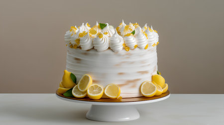 Lemon cake with whipped cream and lemon slices, 3d illustrationの素材