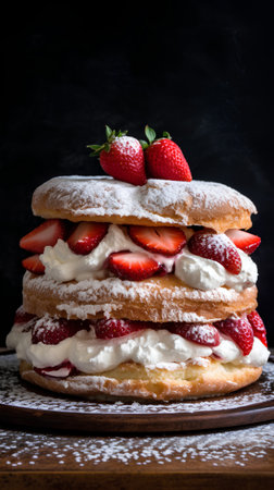 Strawberry cake with whipped cream and fresh strawberries on a dark backgroundの素材