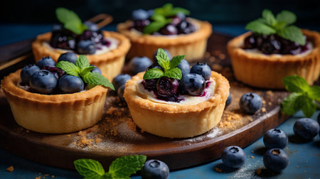 Tartlets with blueberries and currants on a blue backgroundの素材
