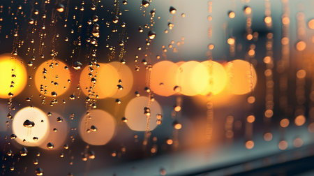 Rain drops on the window with blurred city lights bokeh background.の素材