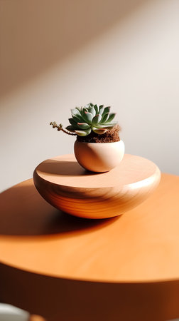 Small succulent plant in a pot on a wooden stand against the wallの素材