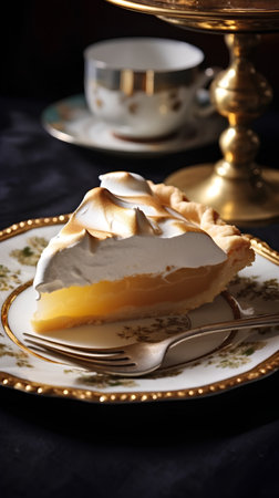 Piece of lemon meringue pie on a golden plate, selective focusの素材