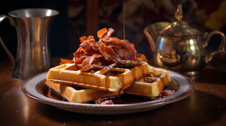 Belgian waffles with bacon and caramelized onions on a wooden tableの素材
