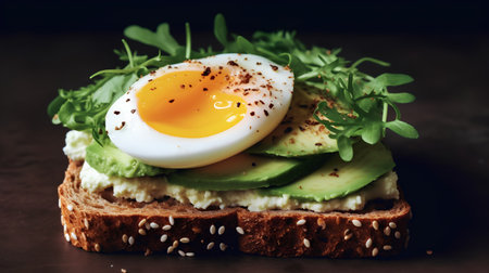 Sandwich with avocado, egg and arugula on wooden backgroundの素材