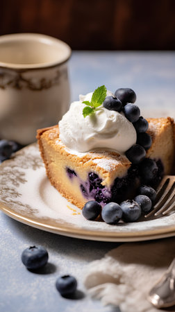 Blueberry cake with whipped cream and fresh berries on a blue background. Selective focus.の素材