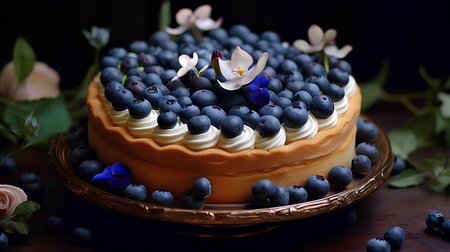 Cake with whipped cream and blueberries on a dark wooden backgroundの素材