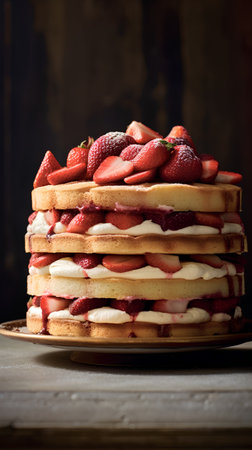 Stack of homemade waffles with fresh strawberries and whipped cream on wooden background. Toned.の素材