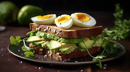 Sandwich with avocado, eggs and arugula on dark backgroundの素材
