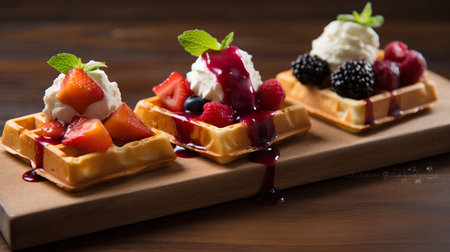 Waffles with ice cream and berries on a wooden background. Selective focus.の素材