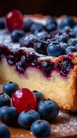Blueberry cheesecake with fresh berries on wooden background. Selective focus.の素材