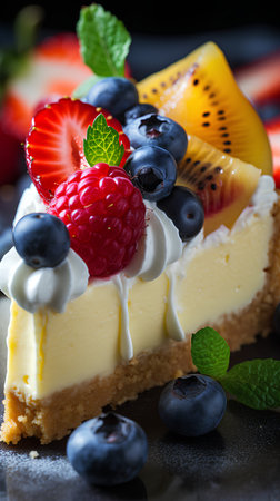 Cheesecake with fresh berries on a black background. Selective focus.の素材