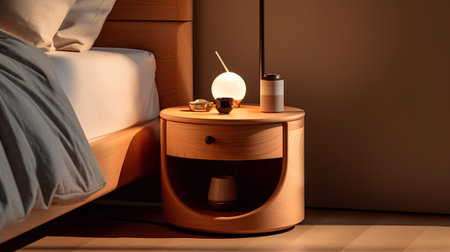 Wooden nightstand with a lamp on the bed. 3d renderingの素材