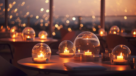 Romantic dinner table with candles in glass vases at sunset.の素材