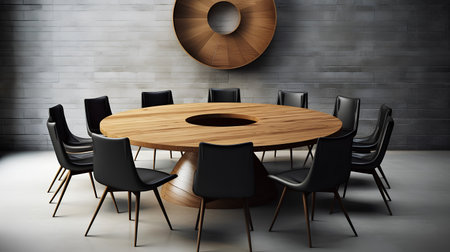 Modern dining room with wooden table and black chairs. 3d renderの素材