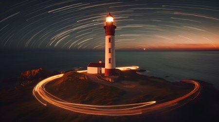 Lighthouse on the coast of the sea at night, 3d renderの素材