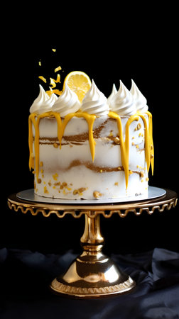 Lemon cake with whipped cream on a golden stand on a black backgroundの素材