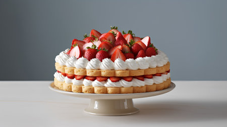 Cake with whipped cream and strawberries on a white plate on a gray backgroundの素材