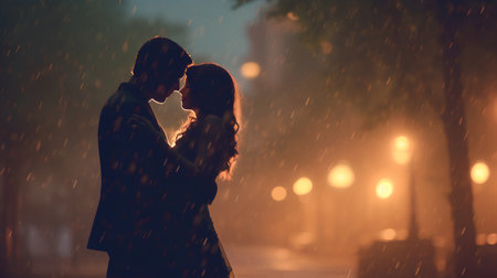 Beautiful young couple kissing under rain in the city at night.の素材