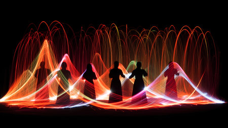 Silhouettes of people in traditional clothes with colorful light on black backgroundの素材