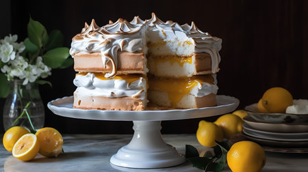 Lemon cake with whipped cream and caramel on a white cake standの素材