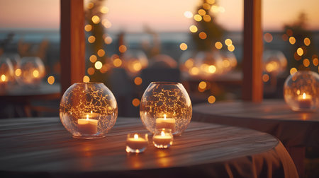 Wine glasses with burning candles on a table in a restaurant at sunsetの素材
