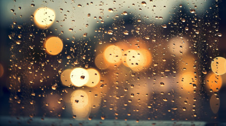 Rain drops on window glass with city lights bokeh background.の素材