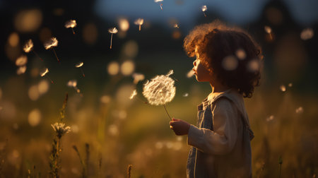 Little boy playing with dandelion flower in the meadow at sunsetの素材
