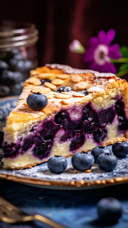 Homemade Blueberry Cheesecake on a blue plate, selective focus.の素材