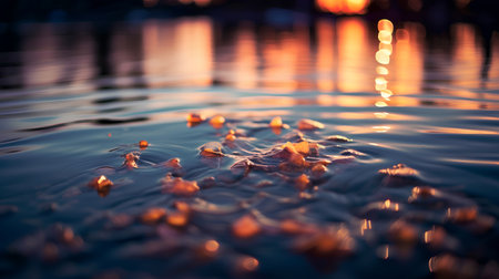 Beautiful drops of water on the surface of the water after the rainの素材